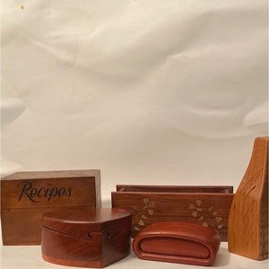 Lot of 5 Wood Carved Varieties of Boxes/Vase